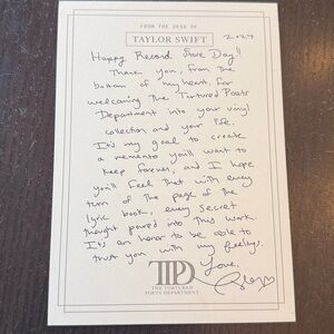 Taylor Swift Tortured Poets Department Record Store Day Handwritten Note